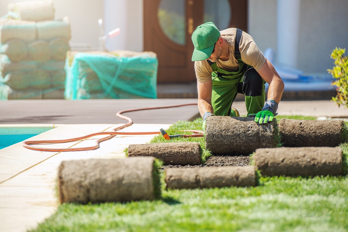 Landscaper fitting fresh sod beside a pool and patio